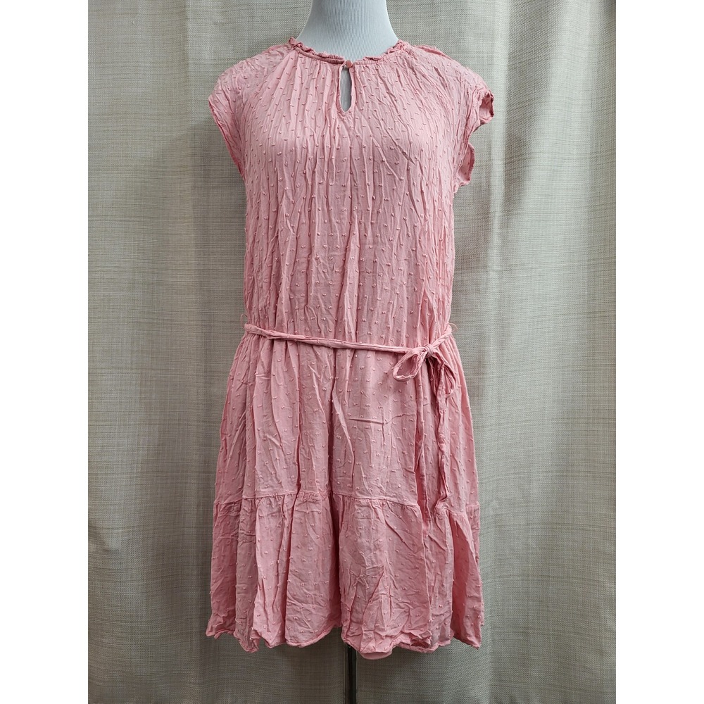 LC Lauren Conrad Pink Clip Dot Tiered Mini Dress Womens Med Short Sleeve Belted